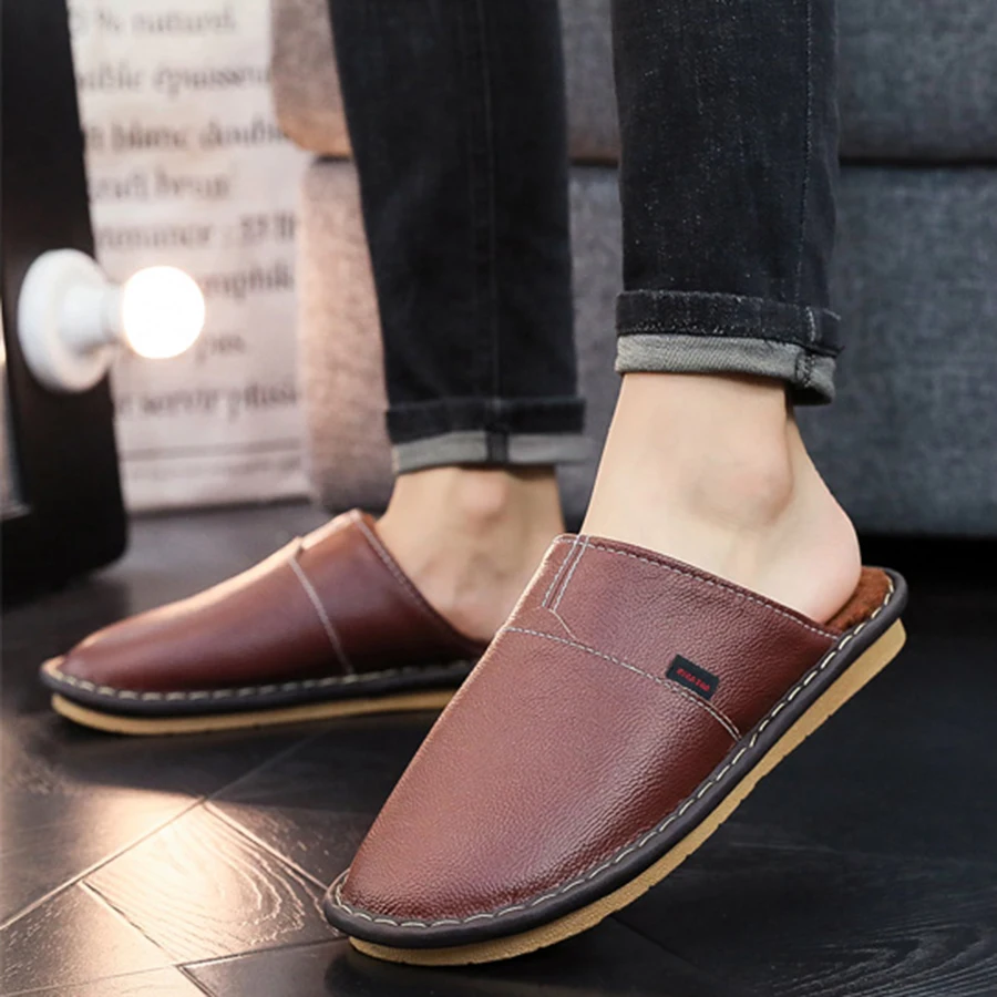 Mens Slippers Winter Leather Indoor Slipper Fashion Anti-Slip Comfortable Fur Home Shoes Male