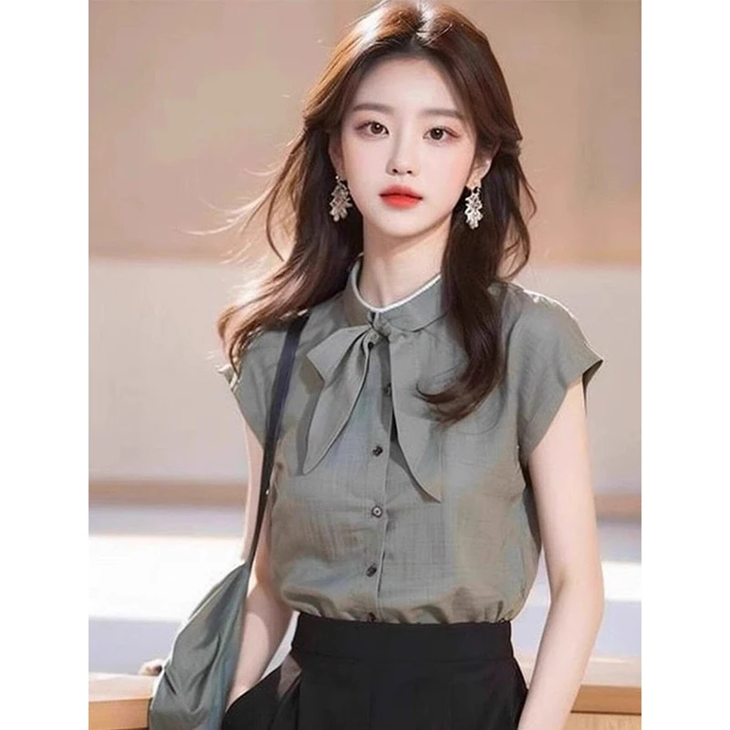 Ele Unique Beautiful ort Sve Loose Fit Stand Collar  Knot Women's irt Korean Sle Commute Faion