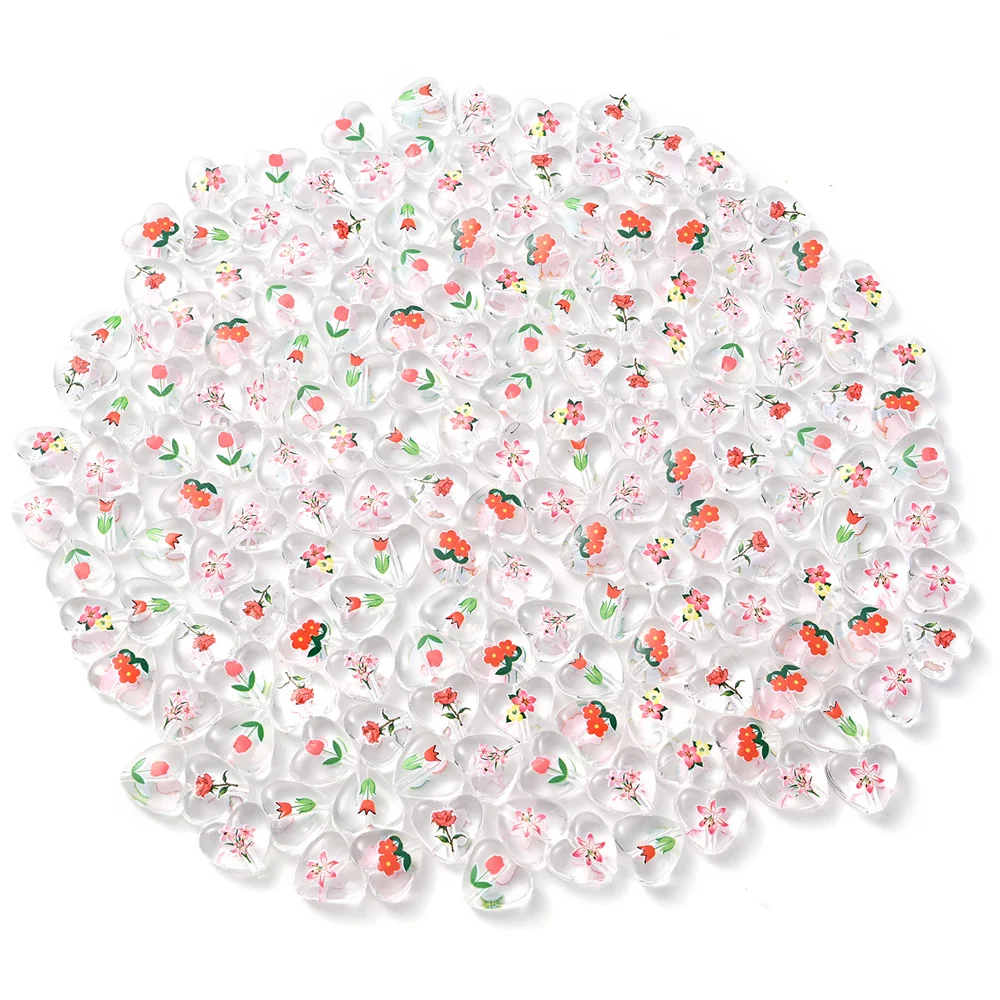 10 Stück transparente Herz-Acrylperlen mit Blumenmuster, lose Abstandsperlen für DIY-Schmuckherstellung, Ohrringe, Armbänder, Halsketten – Detail 4