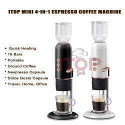 ITOP Mini 4-In-1 macchina per caffè Espresso a riscaldamento rapido 19 bar per caffè macinato, Capsule Nespresso, Capsule Dolce Gusto, tè