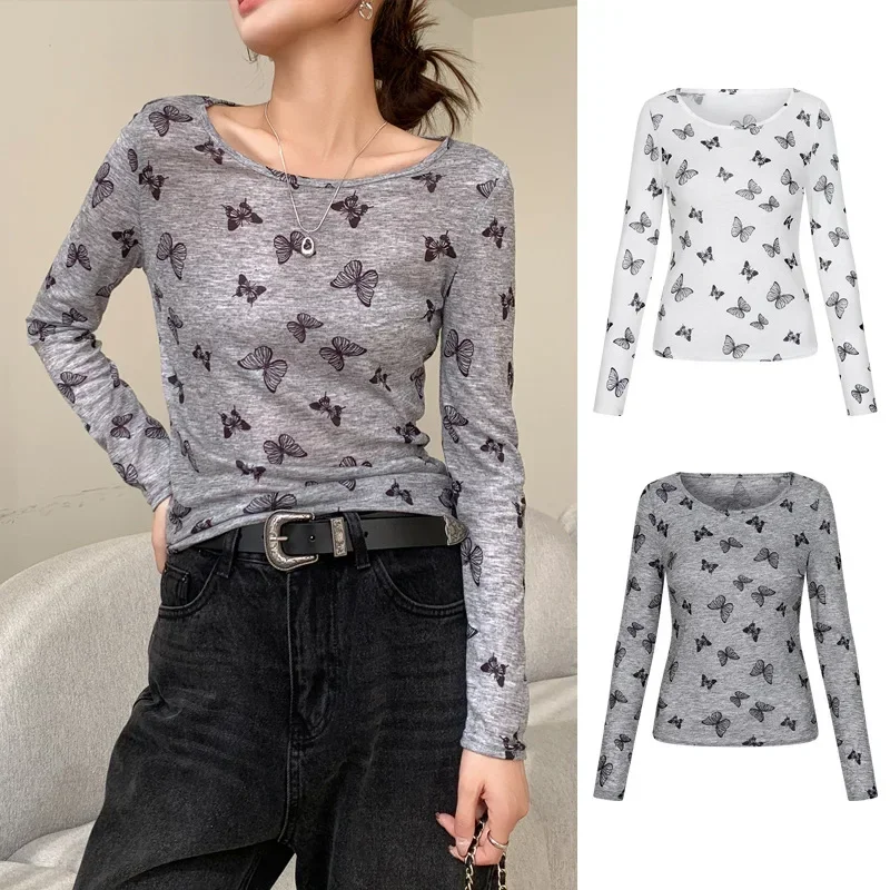 Primavera y novedad de verano, camiseta para mujer con estampado de mariposa, camisa Base ligera, camisa de manga larga con cuello redondo, bata informal ajustada, tendencia