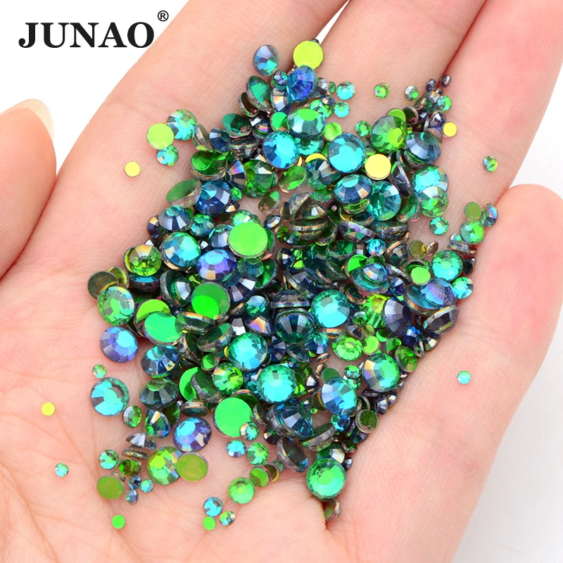 JUNAO AAAAA Top Quality Aurora Green AB Mix Size Glass Nail Rhinestones SS6-SS20 Round Crystal Stones Non Hotfix Strass 1400pcs