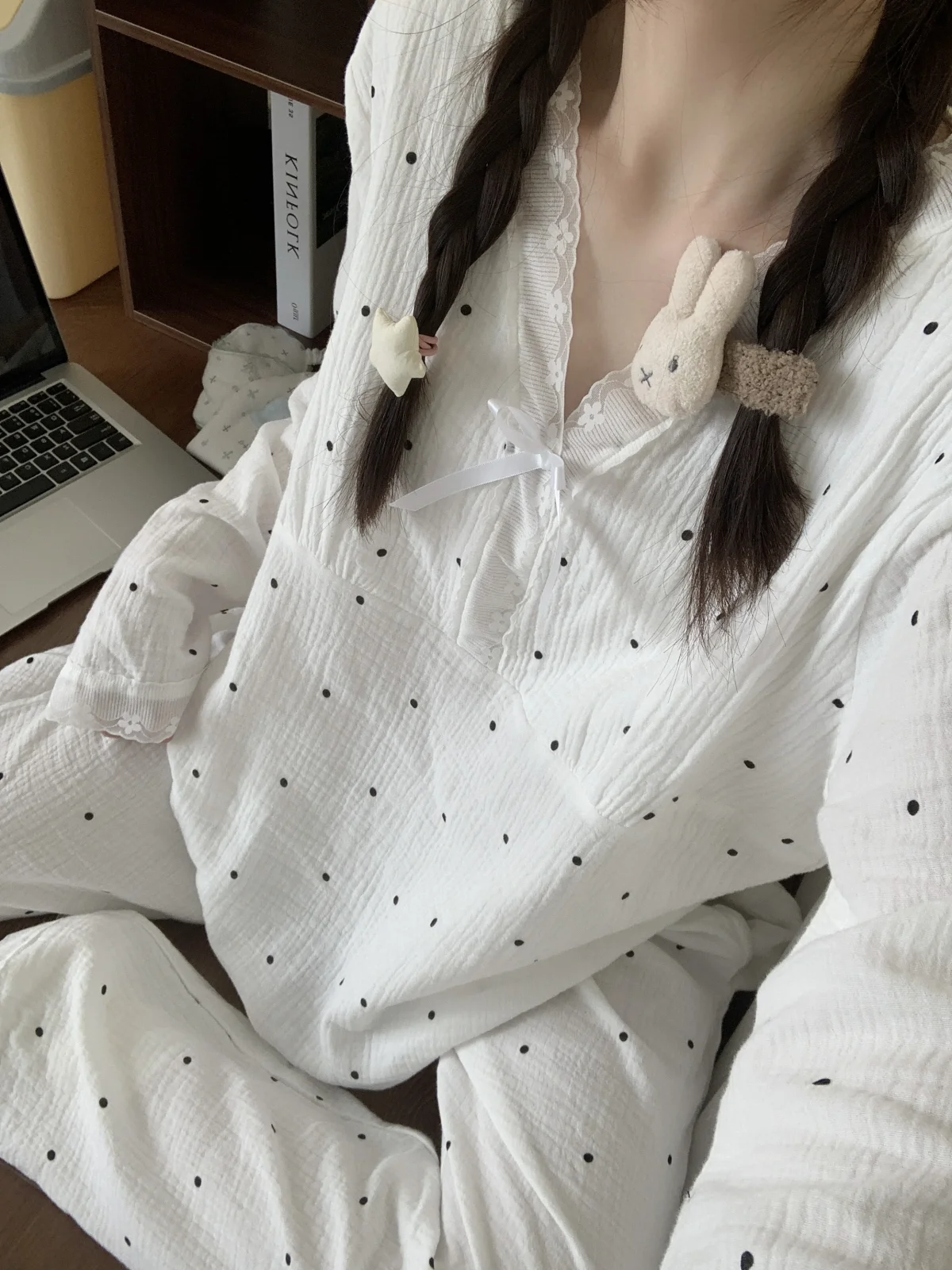 100% Pure Cotton Polka Dot Lace Trim Cotton Gauze Long Sleeve Pajamas for Women Spring Autumn 2025 New Casual Homewear Set