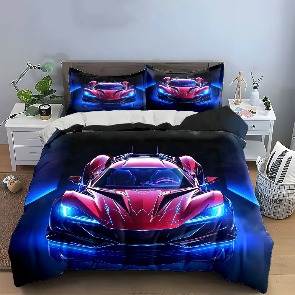 Red Neon Outline Futuristic Supercar Bedding Set, Dark Tunnel Sport Car Print Luxury Cool 3PC For Racing Fans, Gift