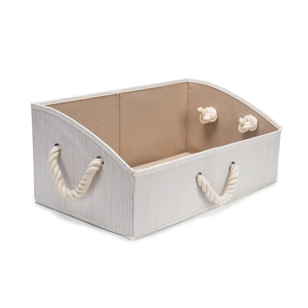 Large Storage Bins Foldable Bamboo Fabric Trapezoid Organizer Boxes with Cotton Rope Handle, Collapsible Basket