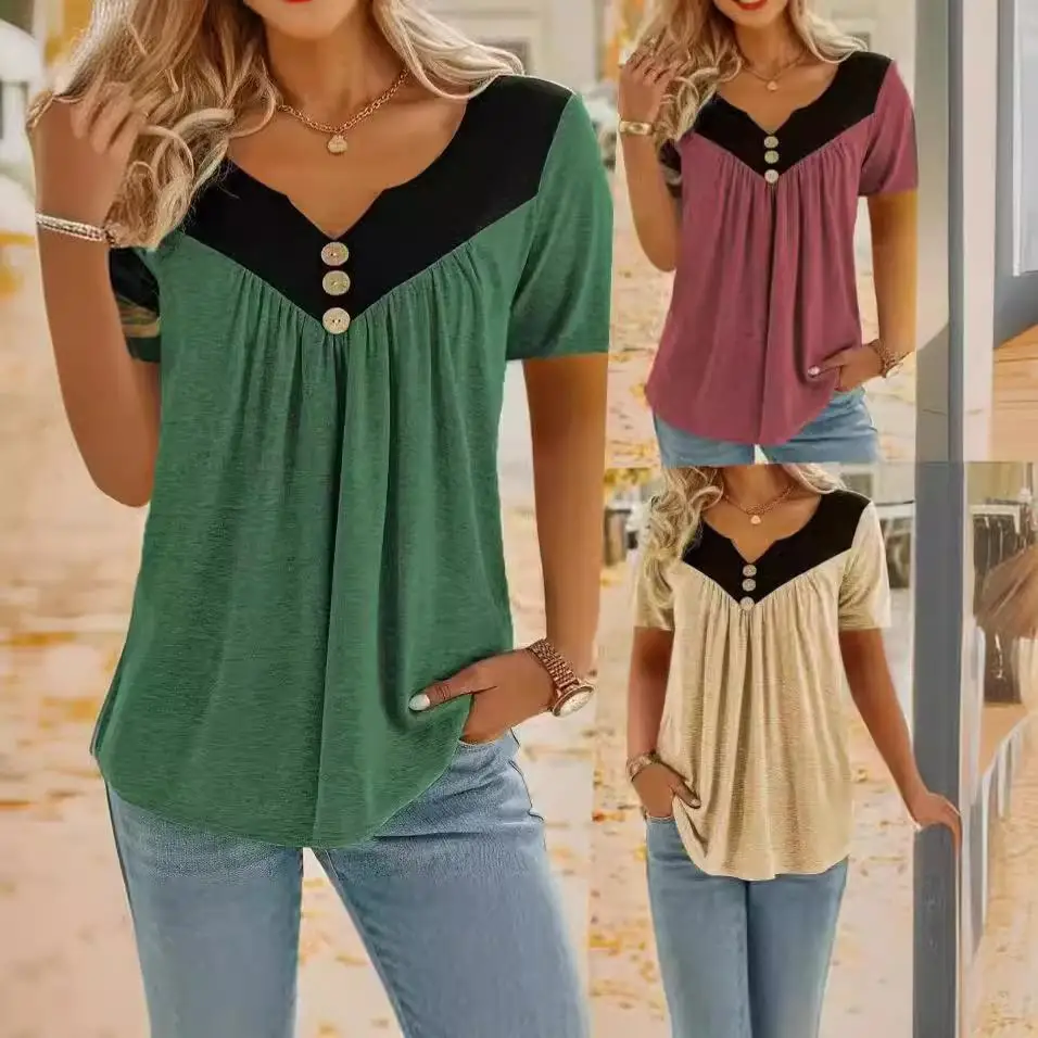 

Женская повседневная футболка-блузка с цветными вставками, на пуговицах, с завязками, цветная, свободного кроя, топ-бестселлер...