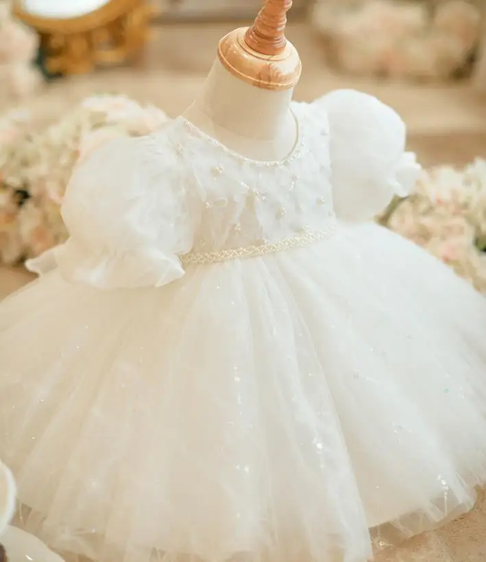 Girls White pearls Princess Dress Sequin Children Flower Girl Bridesmaid Wedding Gown baby infant 1st birthday Party Kids Dresse