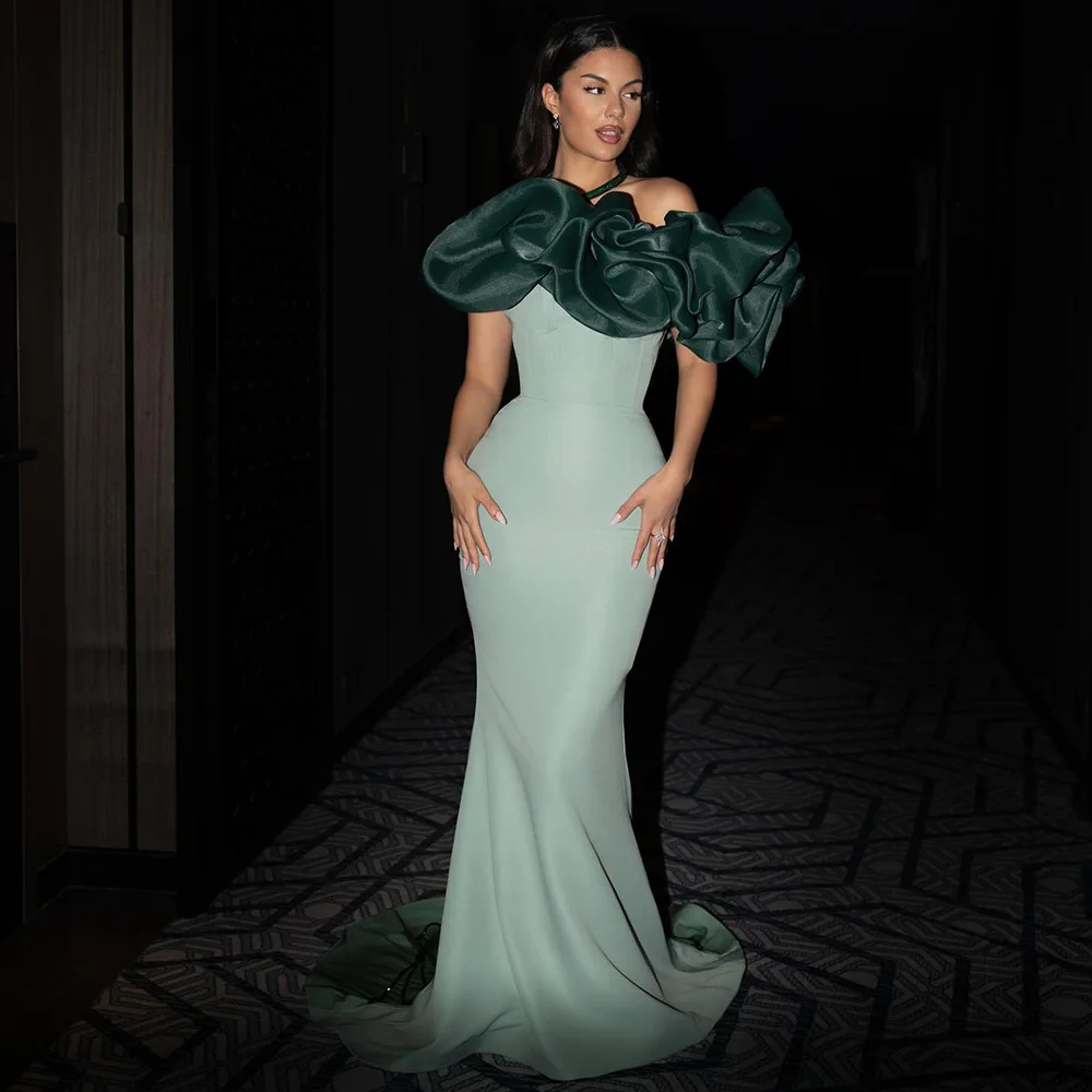 

Elegant Mermaid Tulle Evening Dress Customized Satin Celebrity Gowns with Off the Shoulder Fashion Mermaid Ruched Robe de soirée