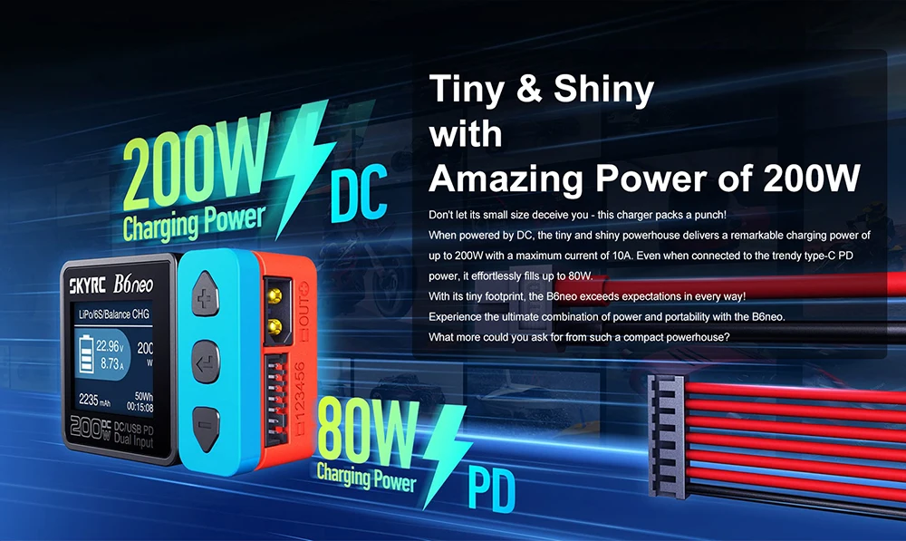 SkyRC B6 Neo Smart Charger DC 200W PD 80W LiPo Battery Balance Charger SK-100198 Compact 6S Charger Discharger