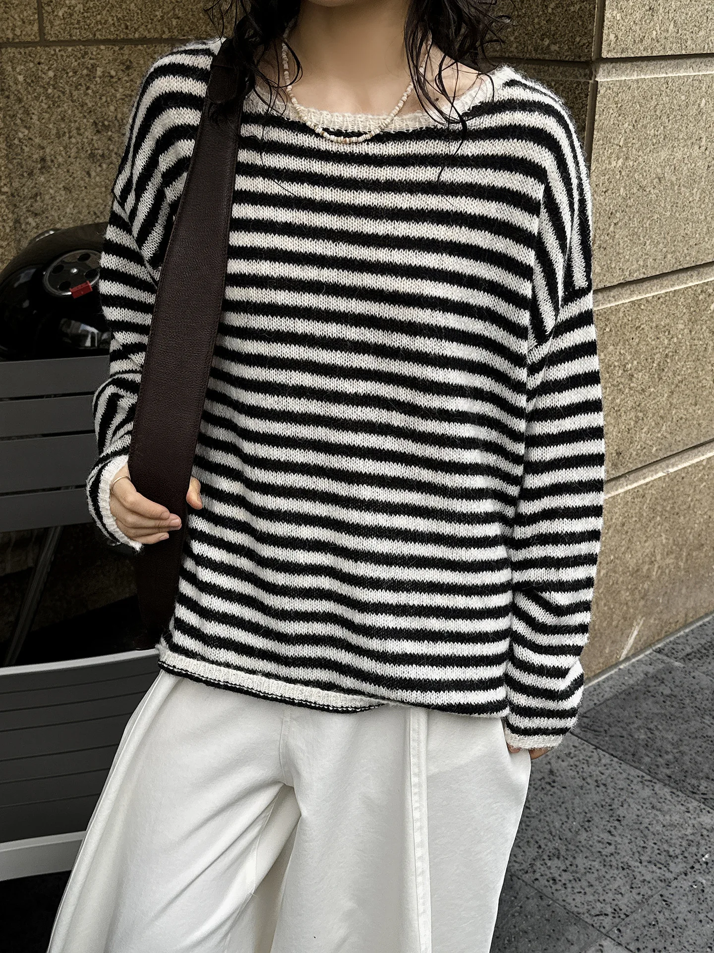 

Early autumn new Korean version simple and relaxed striped wool sweater soft and skin friendly loose top for women