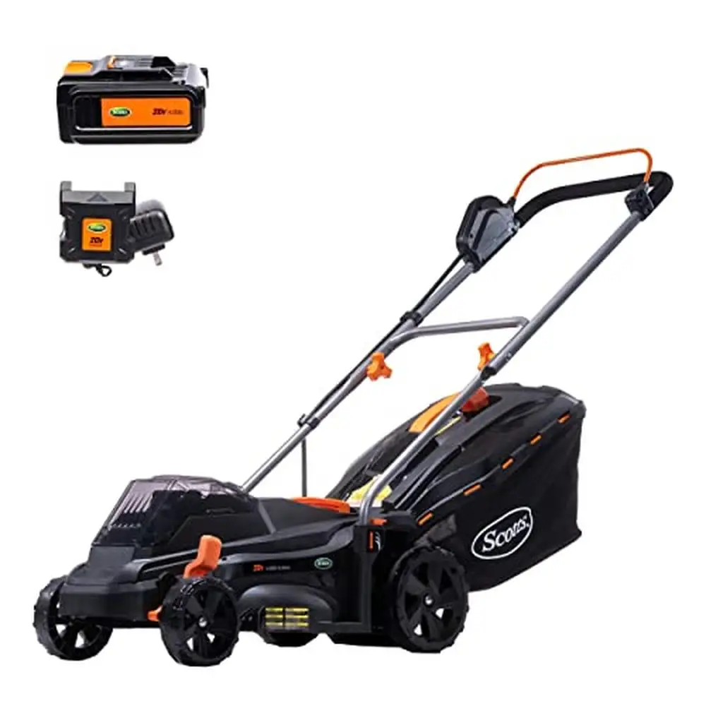 Cordless Lawn Mower 20V Battery Powered 14-Inch Cutting Width Mulching Rear-Bagging Adjustable Handle Black Planet-Friendly