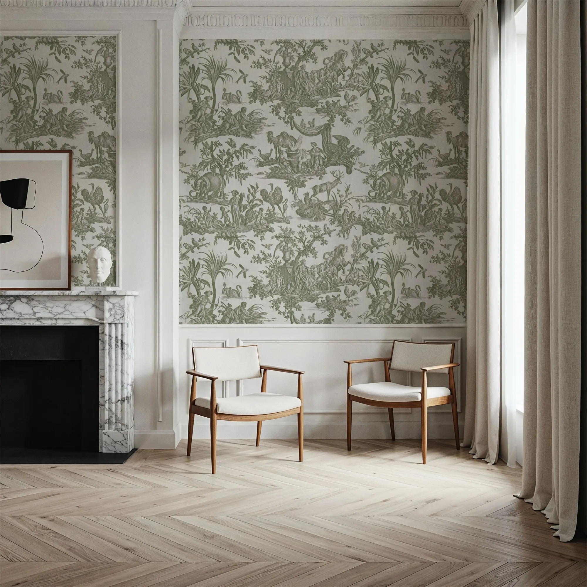 Custom Patinated Linen Toile de Jouy Olive Large Peel and Stick Mural Wall Decor