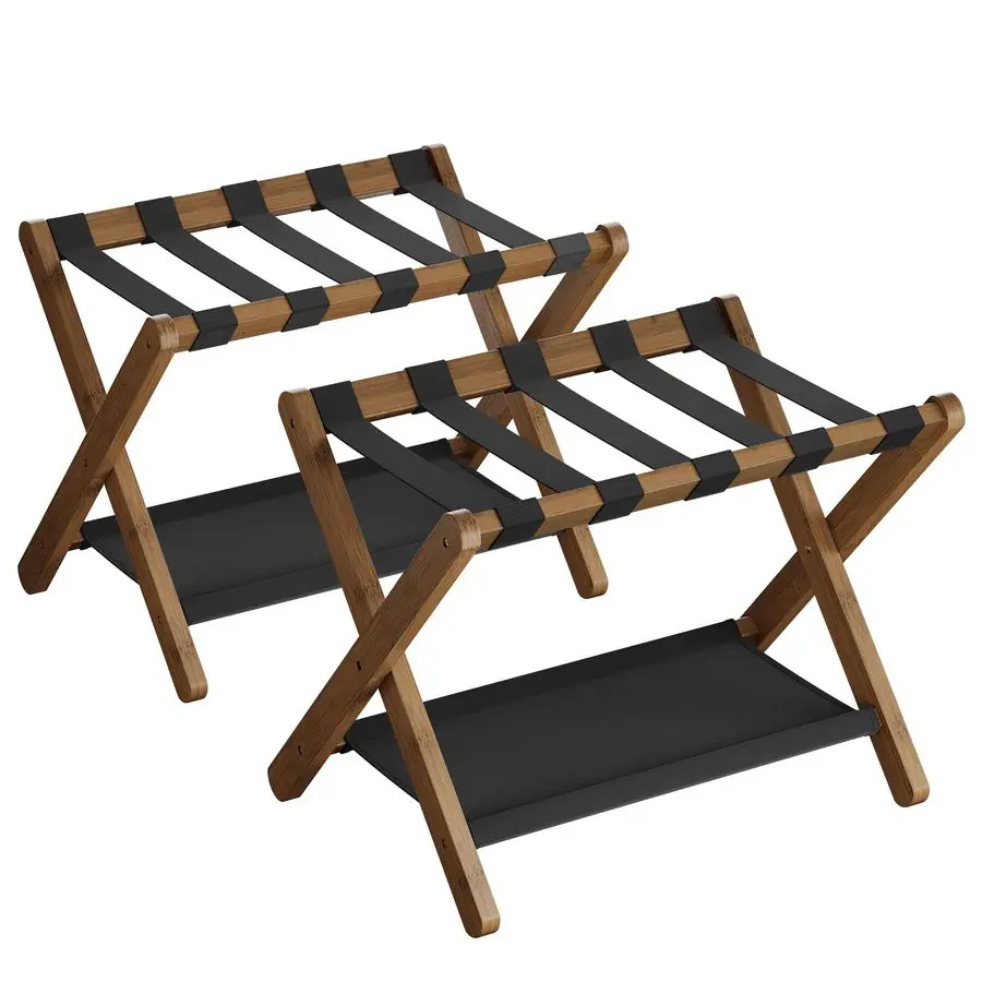 

Bamboo Luggage Rack for Guest Room, Set of 2, Folding Suitcase Stand with Fabric Storage Shelf, for Hotel, Bedroom, HeavyDuty,