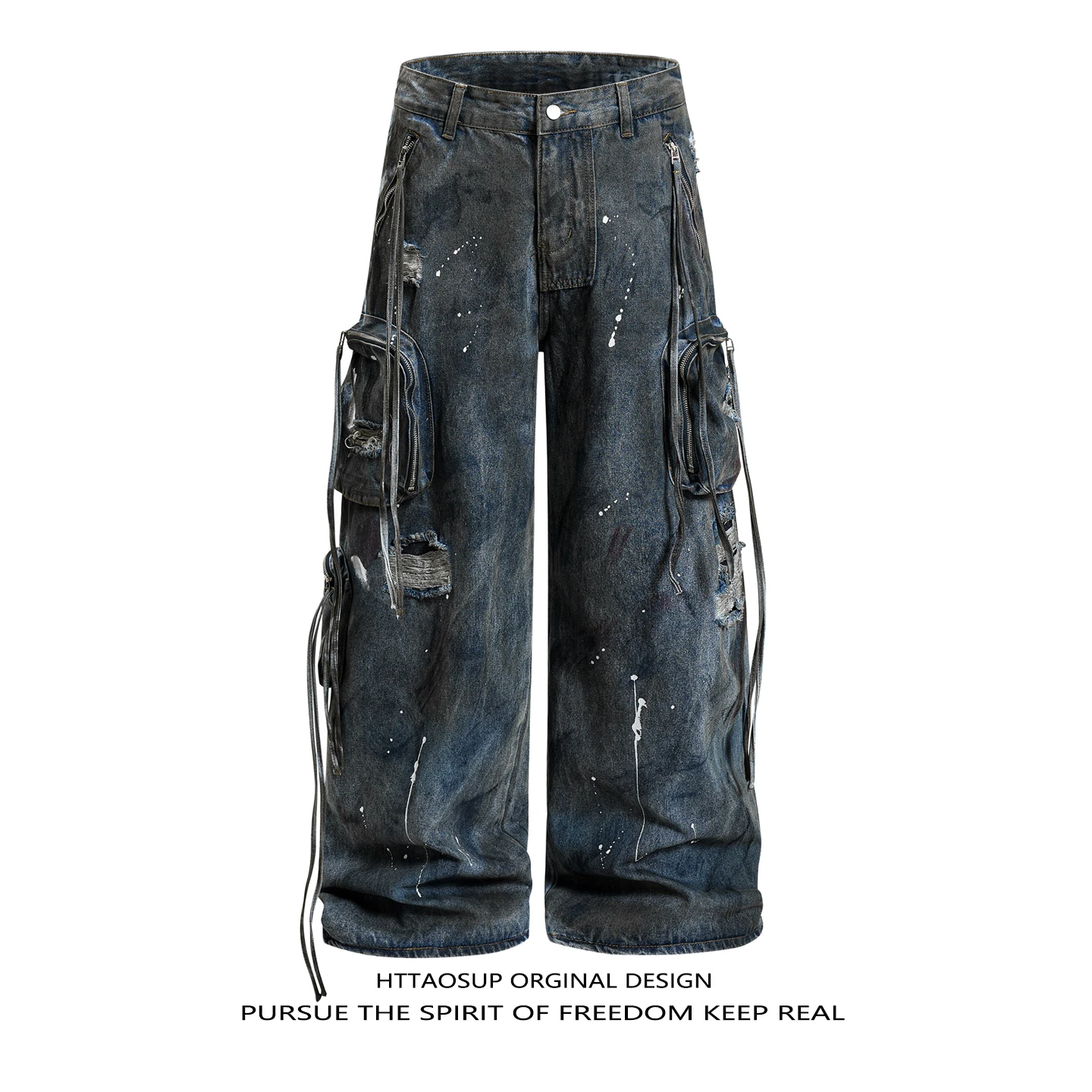 Calça Jeans Feminina HTTAOSUP Estilo Americano Retrô com Lavagem Desgastada e Efeito Tinta, Cintura Alta, Solta, Perna Larga,...
