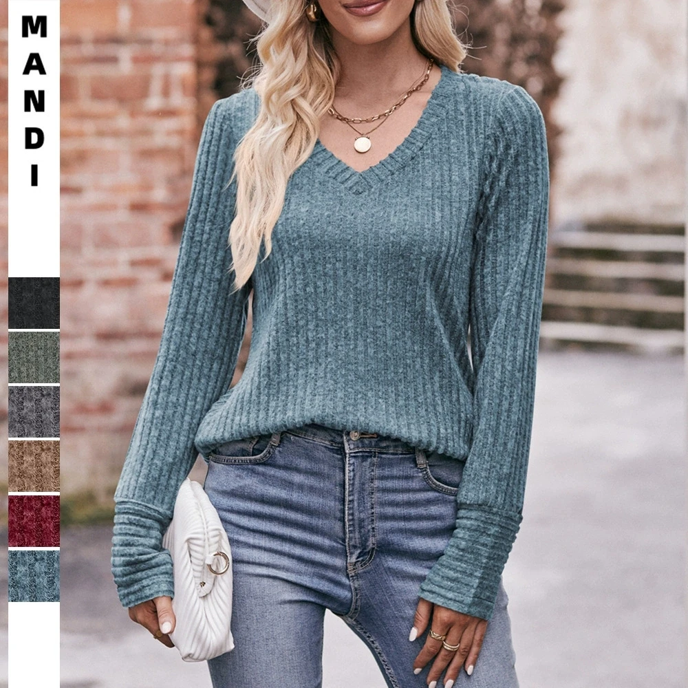 

Женская футболка с длинными рукавами, начесом и V-образным вырезом, элегантный и универсальный, однотонный модный топ.