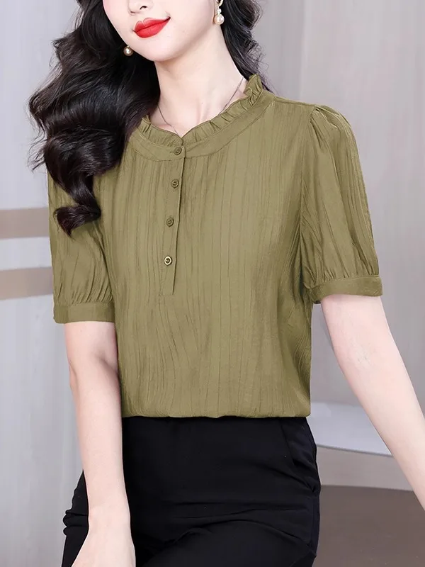 

Fashionable Cotton Linen Shirt Women's Summer Loose Slimming Short Sleeve Mommy's Top Cover Belly Casual Wear round Neck