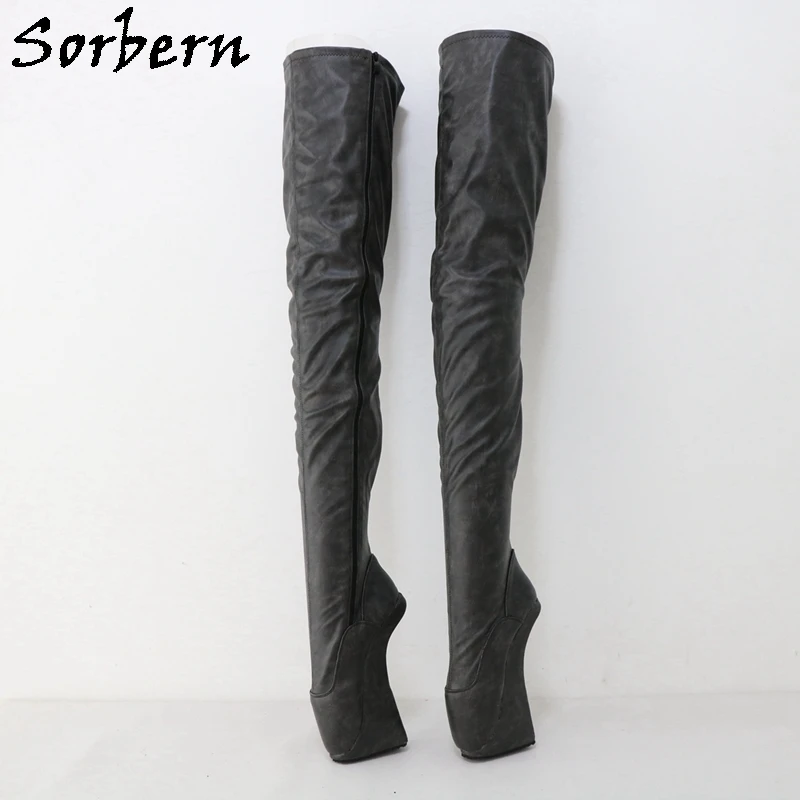 

Sorbern White Holo Knee High Boots Women Ballet Heelless Lace Up Fetish Unisex Hard Shaft No Heel Platform Boot Custom Leg Width