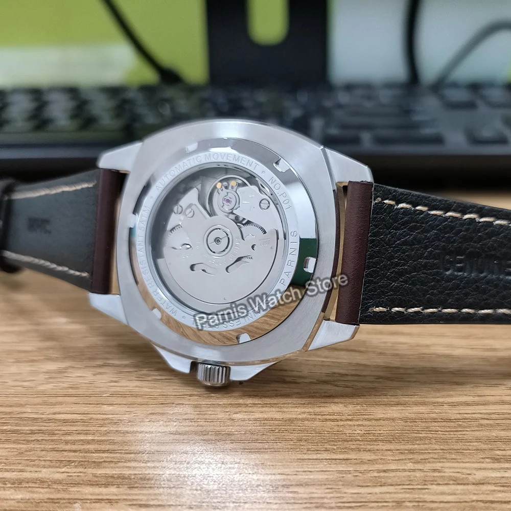 Parnis 41mm cristallo di zaffiro quadrante nero cinturino in pelle NH35 NH34 orologio meccanico automatico da uomo orologio da polso impermeabile da uomo