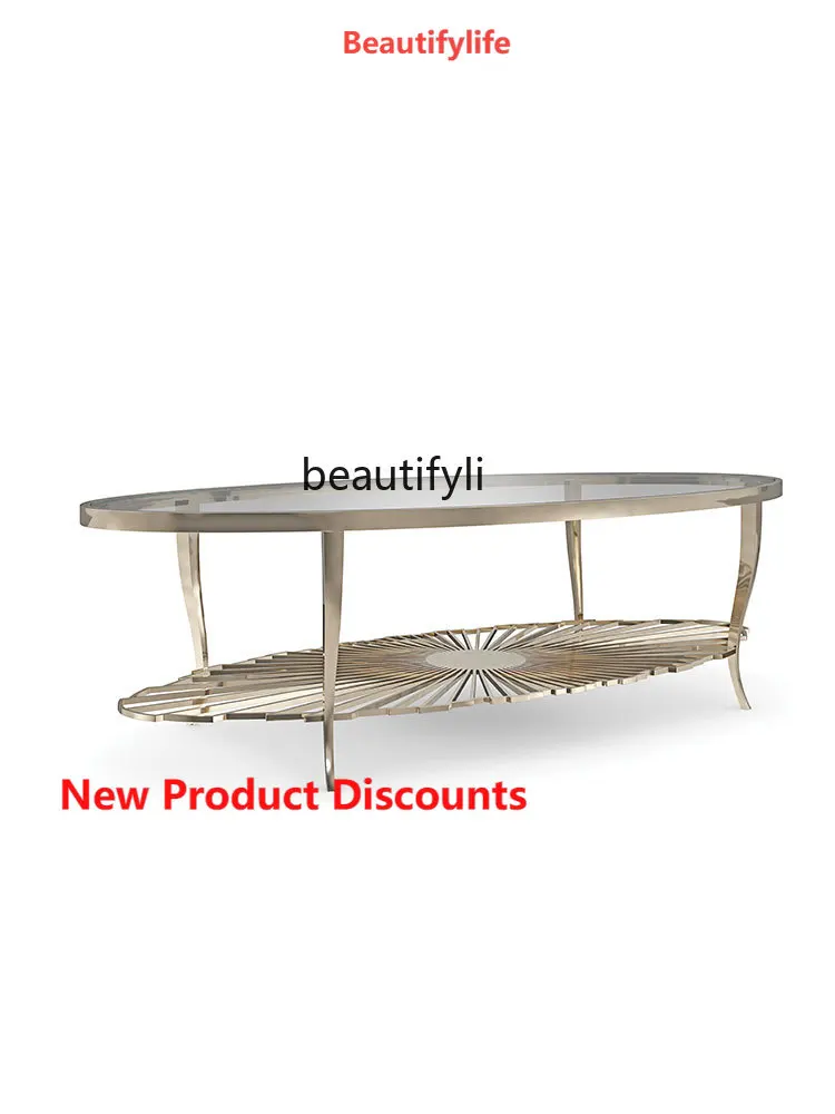 

A15 American Style GlassCoffee Table Modern Simple Stainless Steel Large and Small Apartment Type Coffee Table French Entry Lux