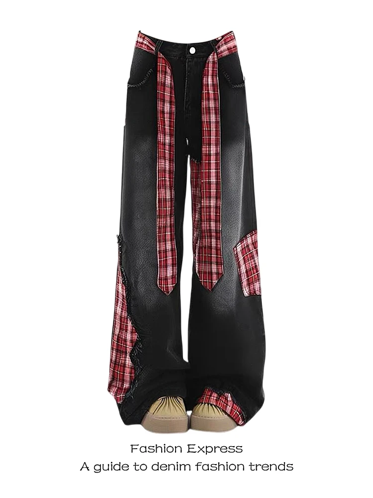 

High Waist Straight Leg Denim Jeans Women's Autumn Winter New Style American Sweet Cool Black Splicing Knot Pants