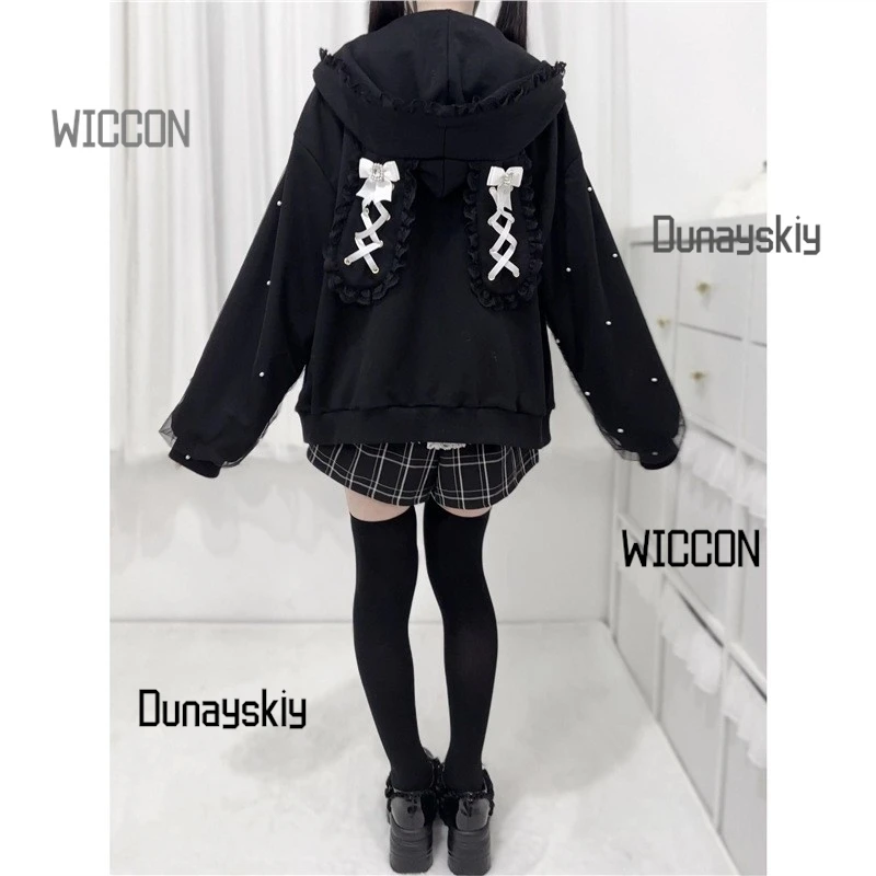 Jirai Kei Japanese Bunny Hoodie Y2K Rabbit Ear Cosplay Costumes Lolita Jacket Bow Pearl JK Lace Kawaii Zipper Cardigan Top view 4