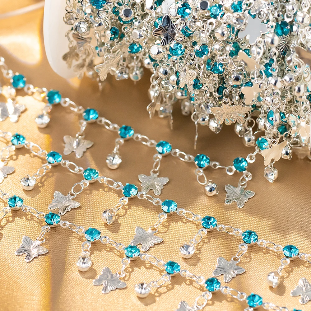 50cm 100cm Butterfly Charms Chains Blue Crystal Beaded Copper Chain For Clothing Bracelet Necklace Jewelry Making DIY Supplies