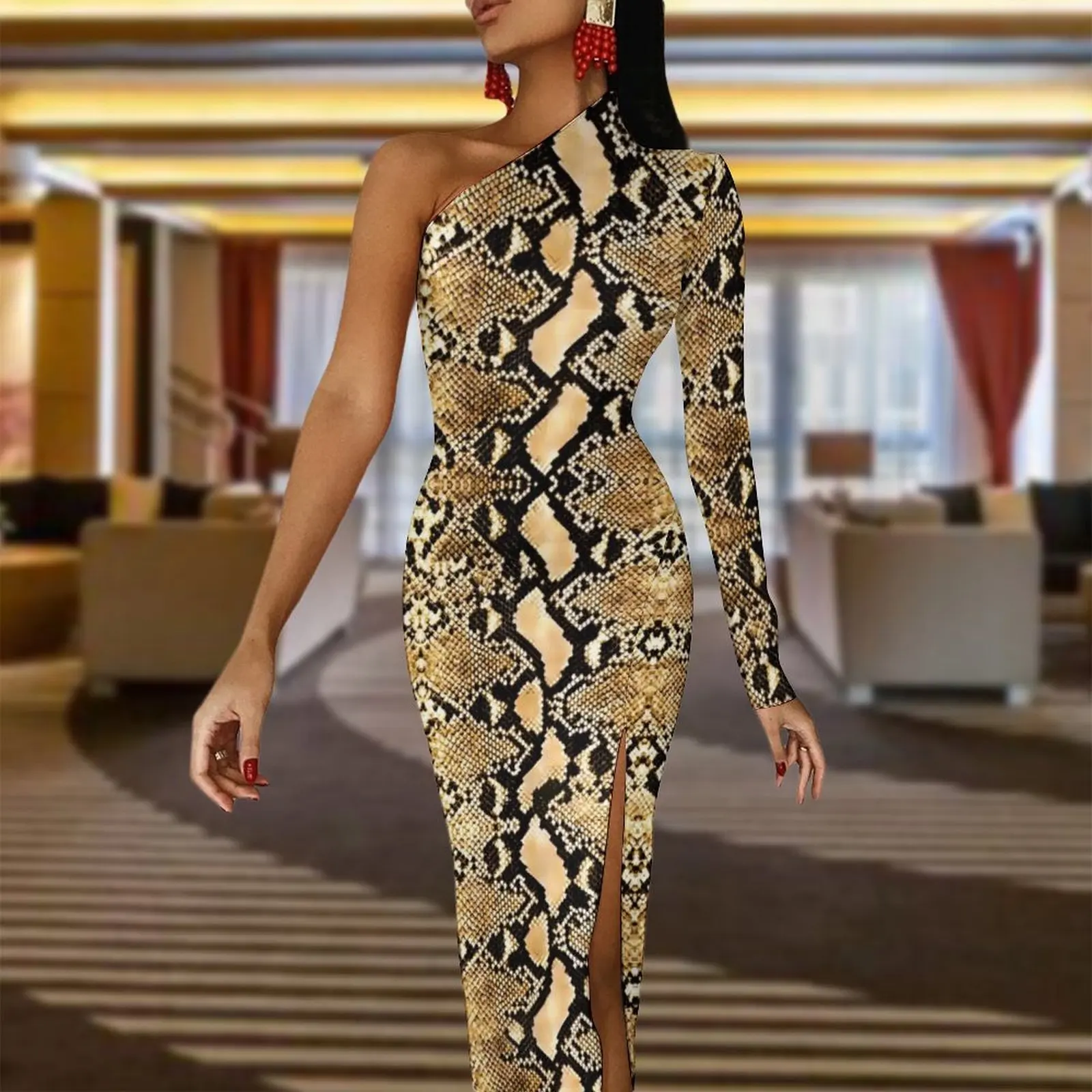 Gold Python Snakeskin Maxi Dress Long Sleeve Animal Print Vintage Bodycon Dress Spring Aesthetic Long Dresses Womens Clothing