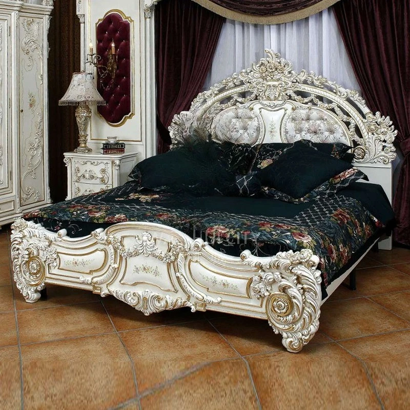 

French Baroque carved painted bed Rococo style wedding bed Princess bed Master bedroom