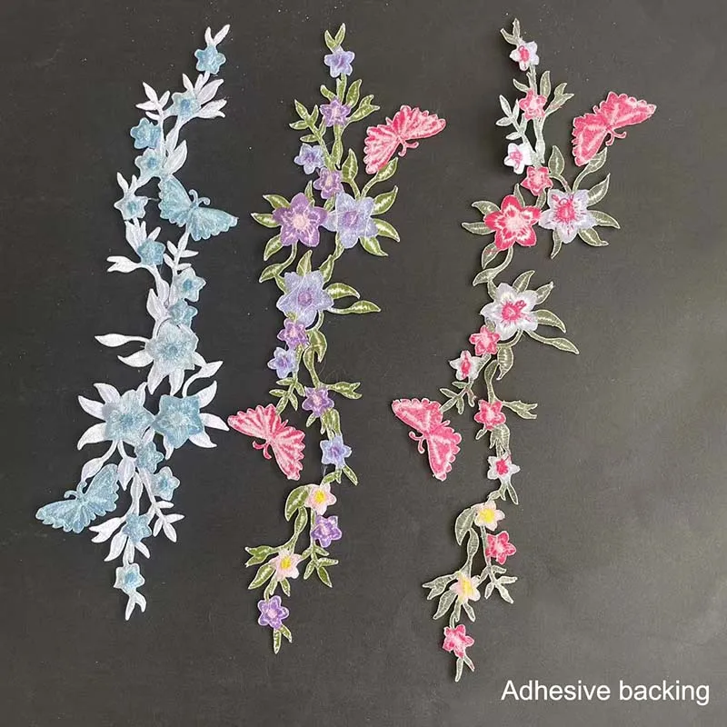 Zarte Blumenranken mit Schmetterling Kleidungsaufkleber Thermoklebe-Patch, Blumenbestickte Applikation zum Aufbügeln auf Kleidung – Detail 2