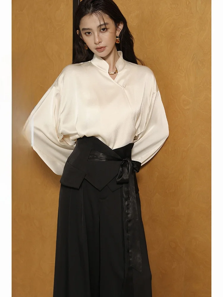 

Коврик Новый китайский Sle ort Pearl Satin Loose Long Sve irt Женский осенний элегантный длинный топ све не окрашенный