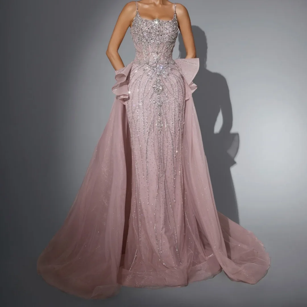

Spaghetti Strap Beading Rhinestone Detachable Panel Tail Evening Party Gown Luxury Tailored Trumpet Prom Dress Customized