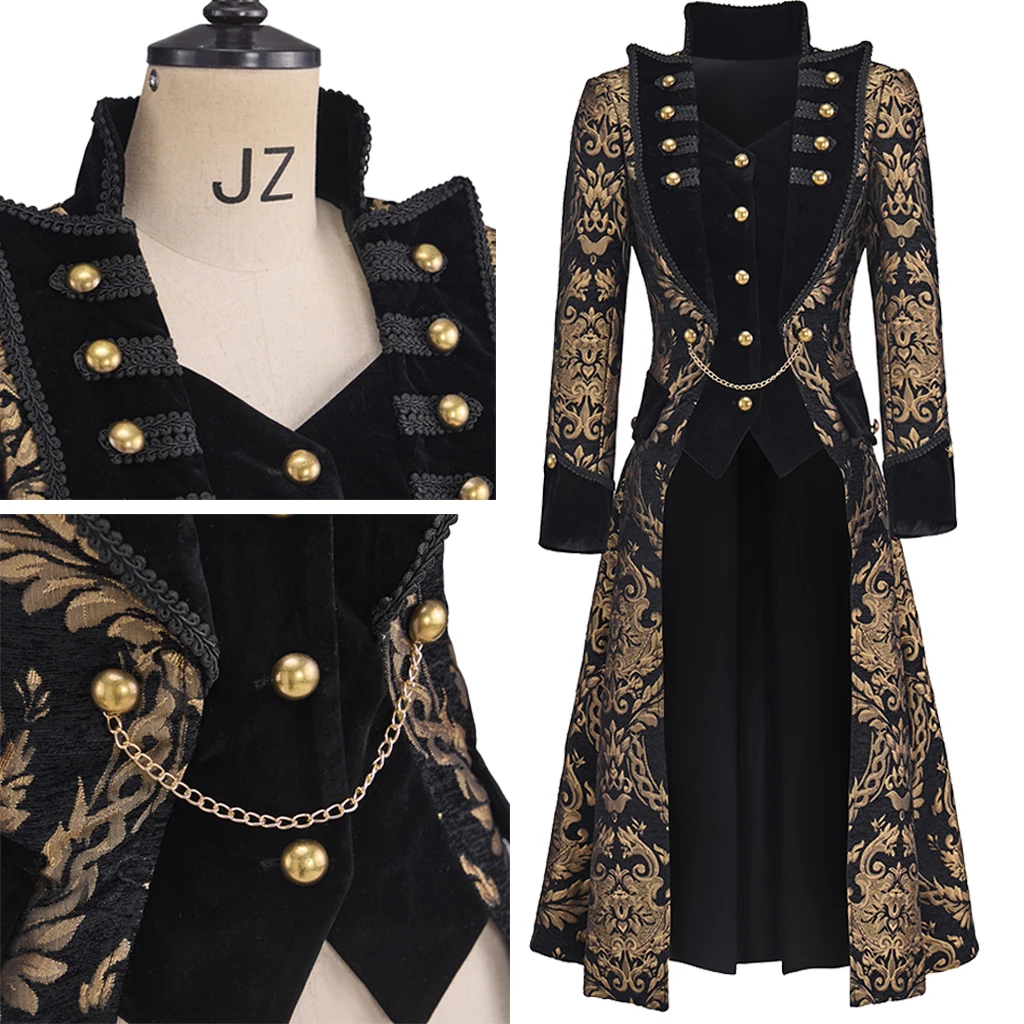 

Women's Renaissance Gothic Steampunk Long Trench Coat Medieval Pirate Jacket Brocade Victorian Tailcoat Vintage Frock Coat