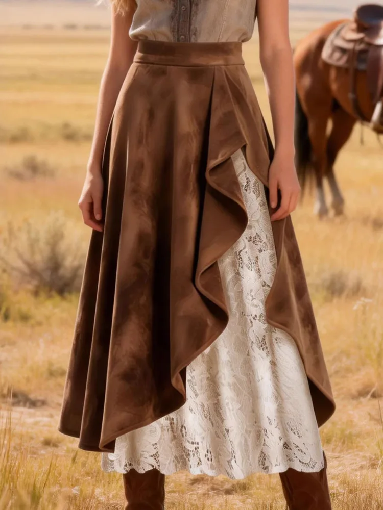 2026 Autumn Women Brown Suede Half Skirt Vintage Western-style Suede And Lace Patchwork Skirt