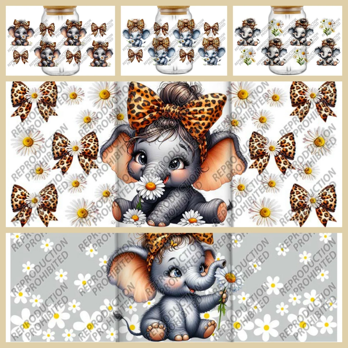 

New Leopard Hair Band Little Elephant Washable Transfer Sticker DIY Cartoon UV DTF Cup Wrap for 16oz Libbey Glasses