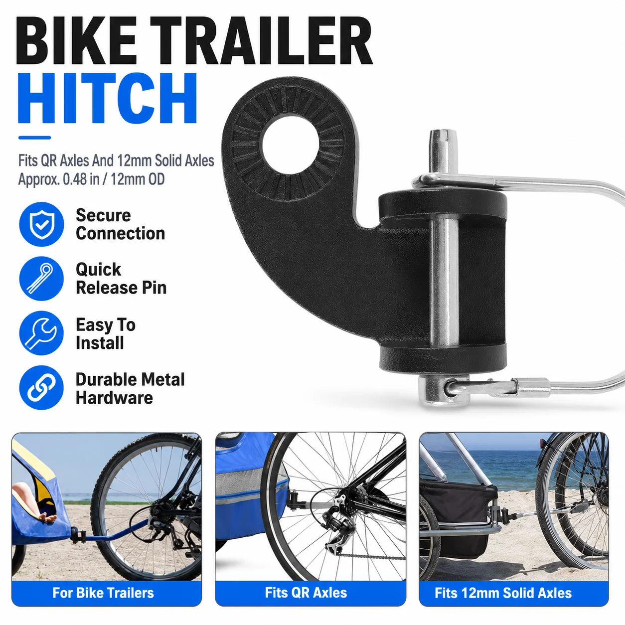 Conector de enganche para remolque de bicicleta para ejes sólidos QR y de 12 mm, pasador de liberación rápida, metal duradero, fácil de instalar, conexión segura