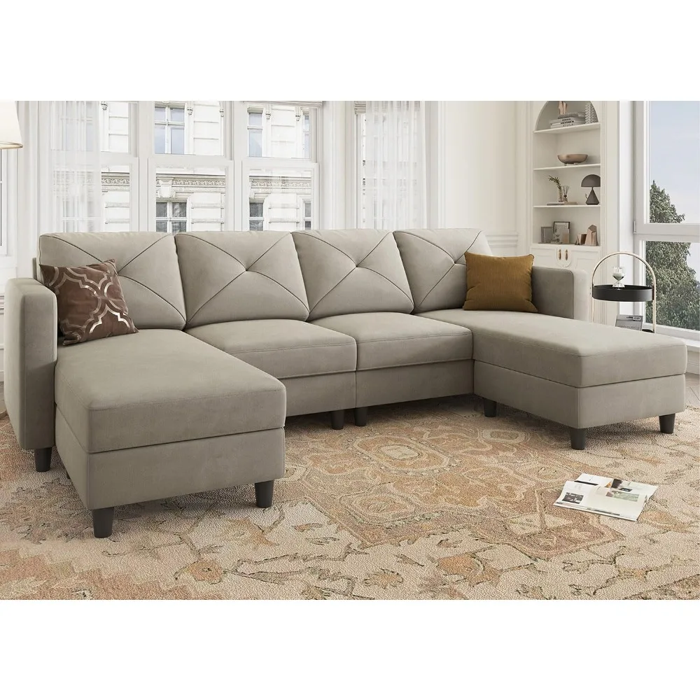 U Shaped Sectional Sofa Convertible Couch with Double Chaises 4 Seat Sofa with Ottomans for Living Room