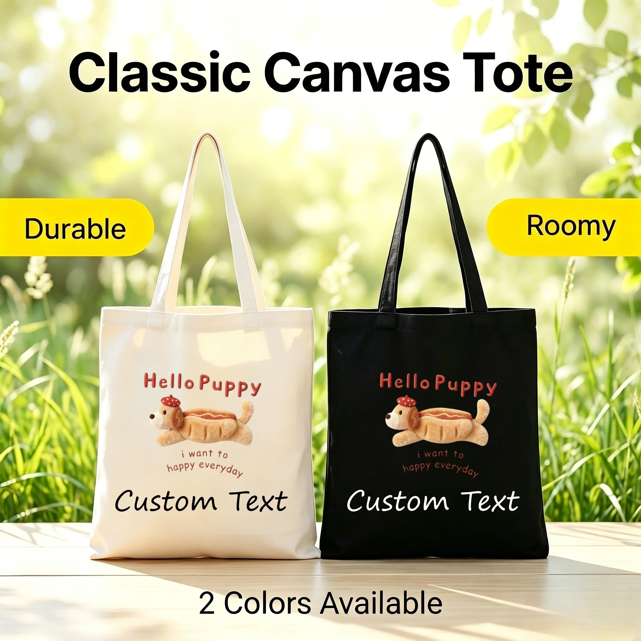 1pc Canvas Tote Bag Cute Dachshund Print Custom Text Roomy Durable 2 Colors Shoulder Bag