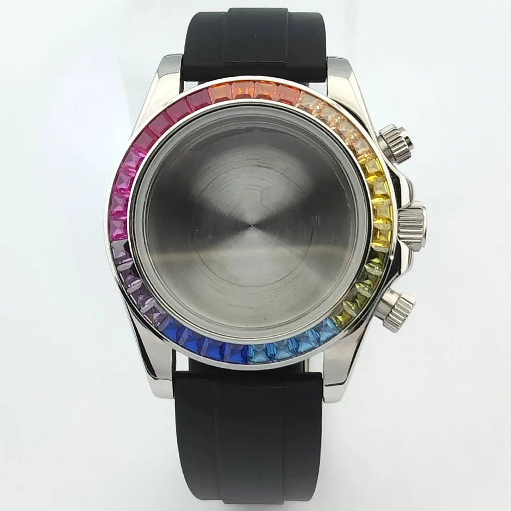 39.3 مللي متر ساعة رجالي فاخرة ملونة حجر الراين مناسبة لحركة VK-63 28.5 مللي متر قرص الياقوت عدسة ساعة اكسسوارات