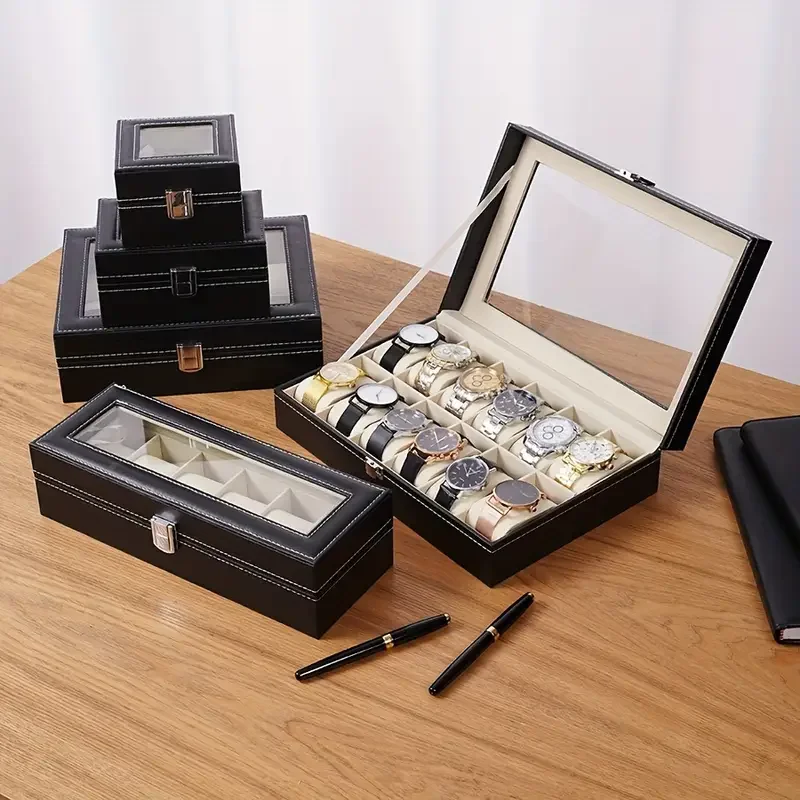 Watch Case Organizer with Real Glass Lid, Wood Grain PU Leather Watch Display Storage Box with Removable Imitation Suede Watch