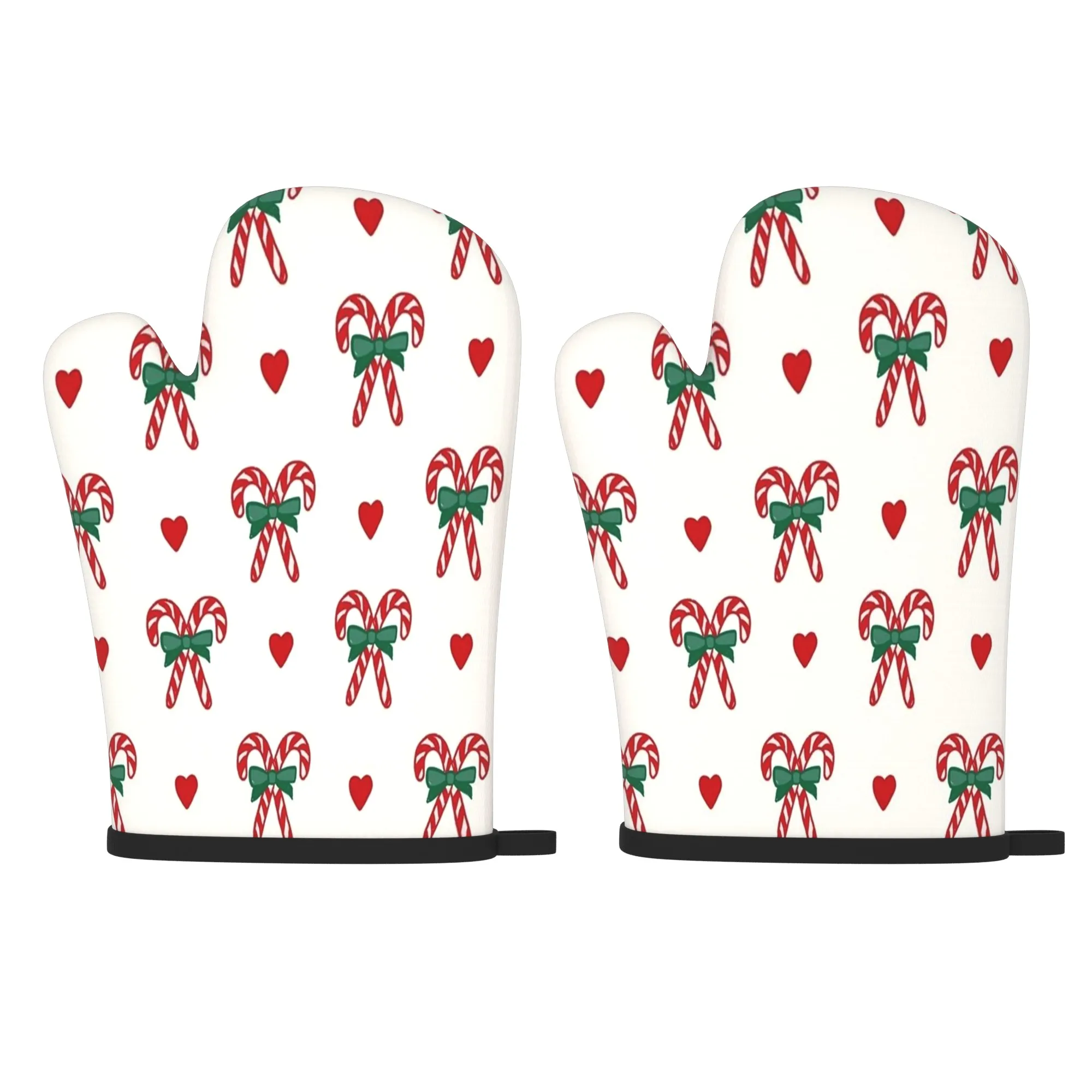 2pcs Heat-Resistant Oven Mitts Suitable for Cooking, Baking Grilling Red Green Christmas Candy Cane Design with Cane
