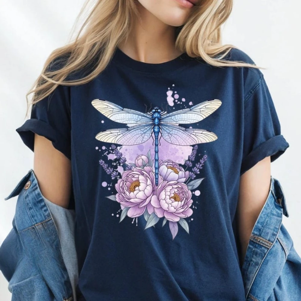 Floral Dragonfly T-Shirt Botanical Insect Graphic Tees Insect Enthusiast Tops Casual O-neck Graphic Print Streetwear Summer Tees