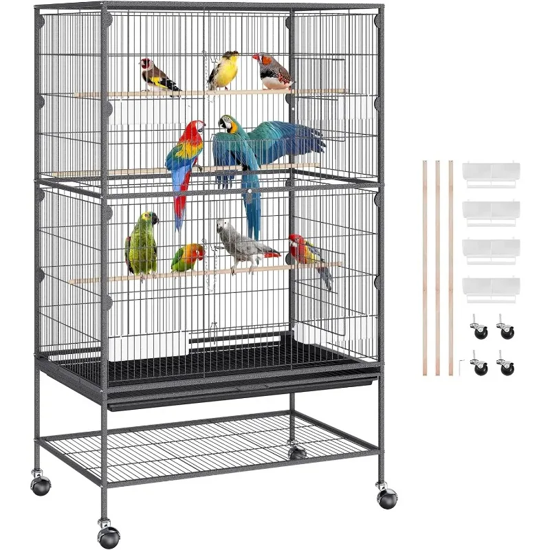 52 Inch Standing Large Bird Cage, Wrought Iron Flight Bird Cage with Rolling Stand and Slide Out Tray