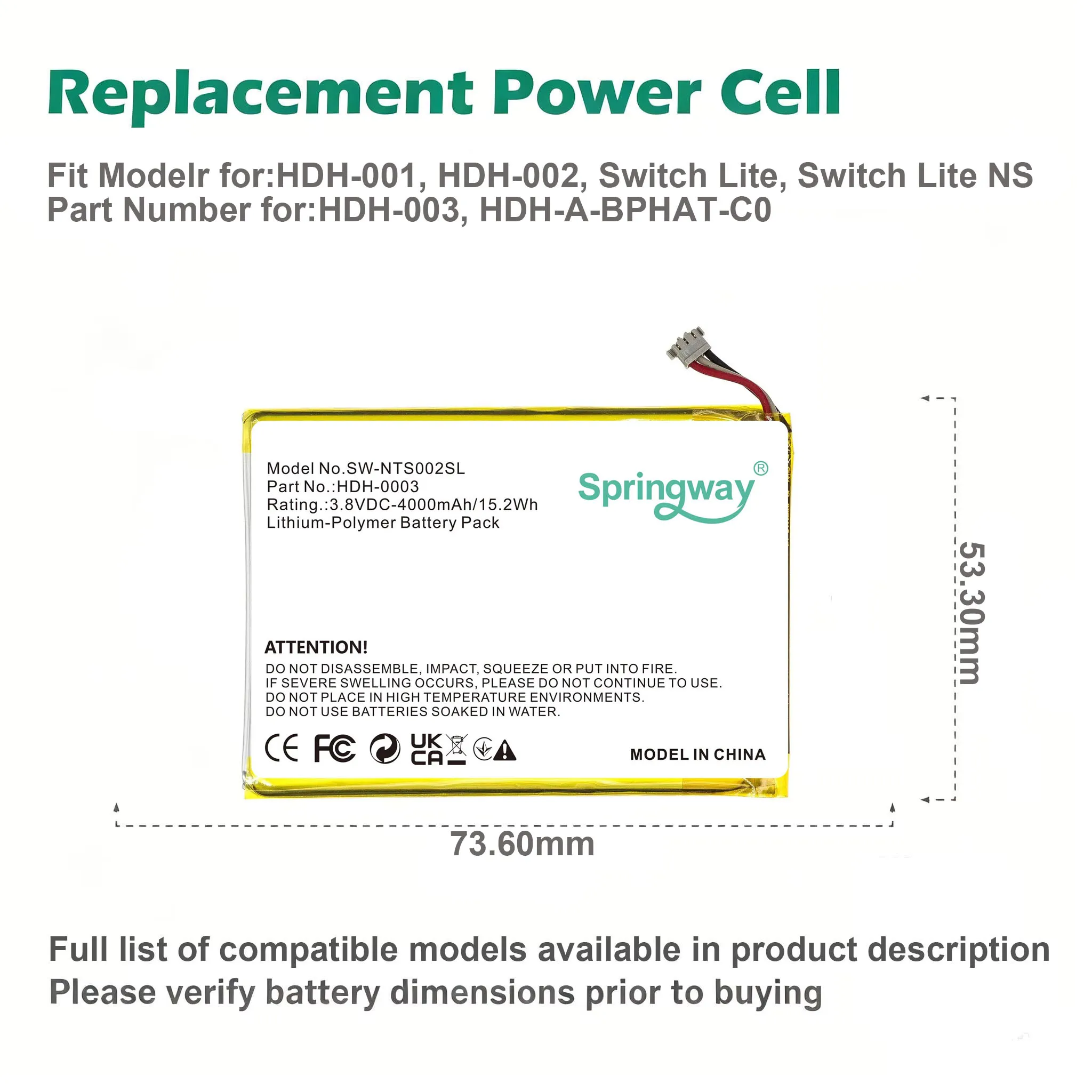 4000mAh/15.5Wh Battery for HDH-001, HDH-002, Switch Lite, Switch Lite NS PN: HDH-003, HDH-A-BPHAT-C0