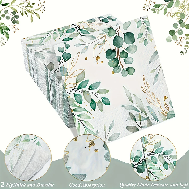 20pcs/set Eucalyptus Napkins Disposable Hand Towels Green Leaves Napkin Table Mariage Cloth Tissue