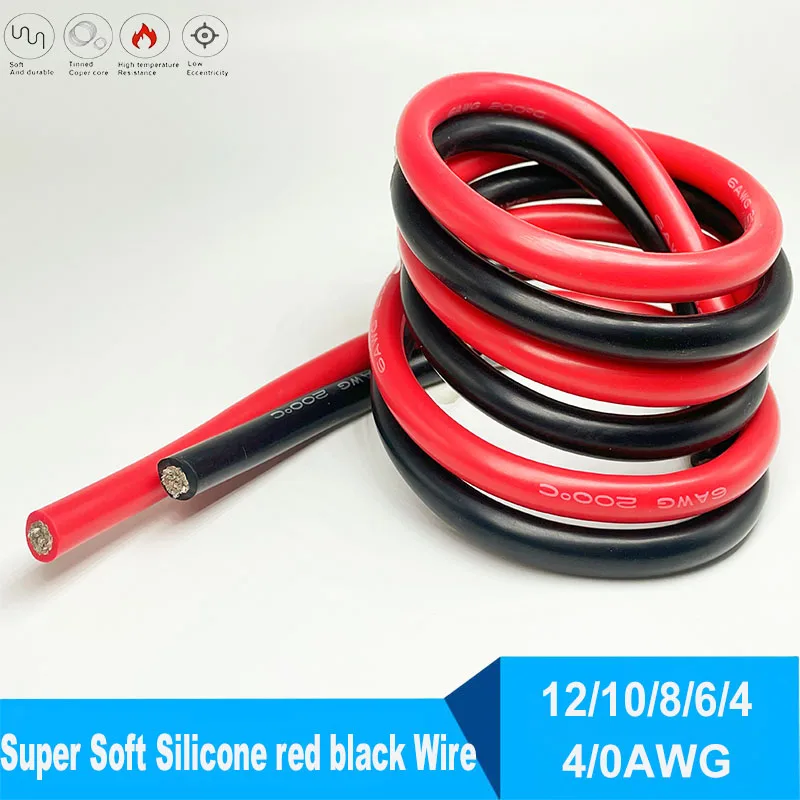 Super soft silicone red and black wire 12AWG 10AWG 8AWG 6AWG 4AWG 0AWG  Tinned Copper Heat Resistant Car Battery Power Cord