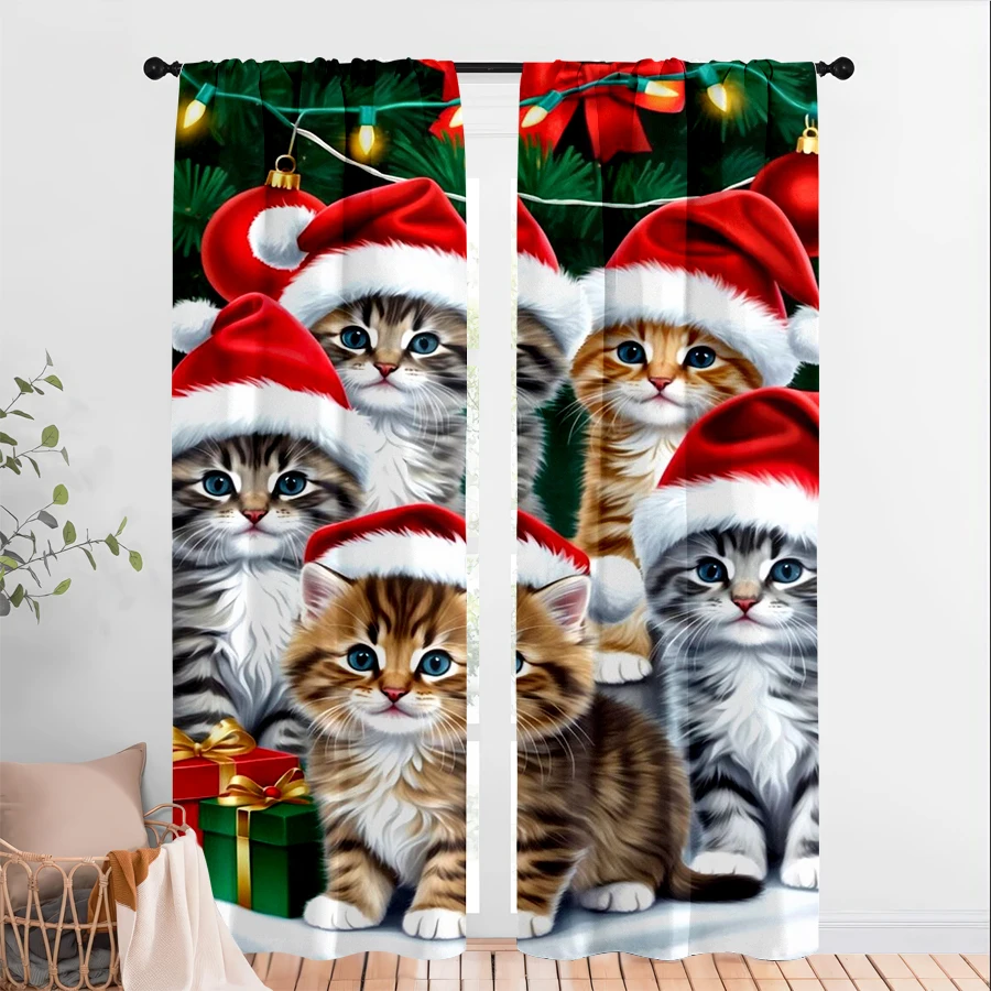 2PCS Christmas Curtains, Kittens Hats Gifts, Digital Print, Bedroom Living Room Kitchen, Rod Pocket Polyester, Home Decor