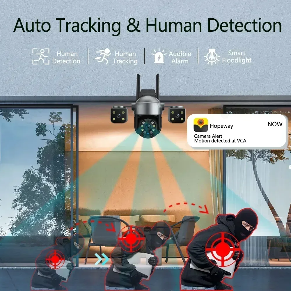 12MP 6K WiFi Camera Outdoor Three Lens Three Screens 8X Zoom PTZ Camera Auto Tracking Security Protection Video Surveillance Cam
