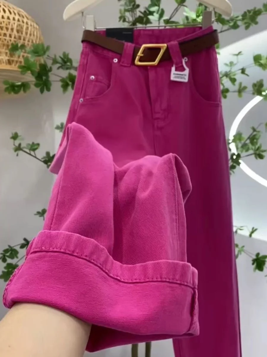 

Dragon Fruit Color Wide Leg Jeans Women's Loose High Waist Slimming plus Size Straight Leg Pants Spring 2025 New Sle