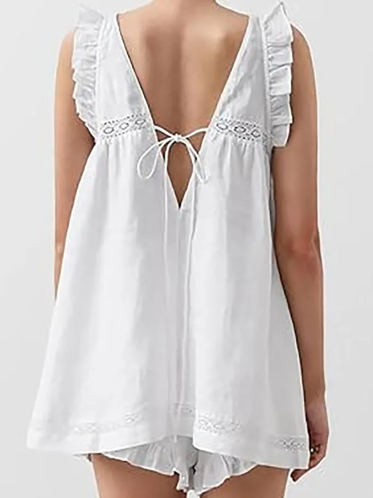 

Летний полый костюм с рукавами-бабочками, женские повседневные кружевные наряды с рюшами, весенний комплект на бретелях с v-образным вырезом и открытой спиной и шорты с завязками