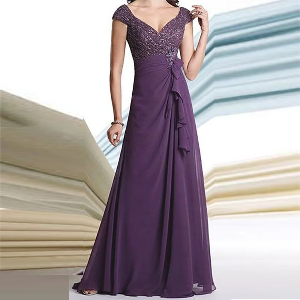 Fashion Purple V Neck Chiffon Floor Length  Mother Of The Bride Dresses For Weddings  Formal Party Evening Dress